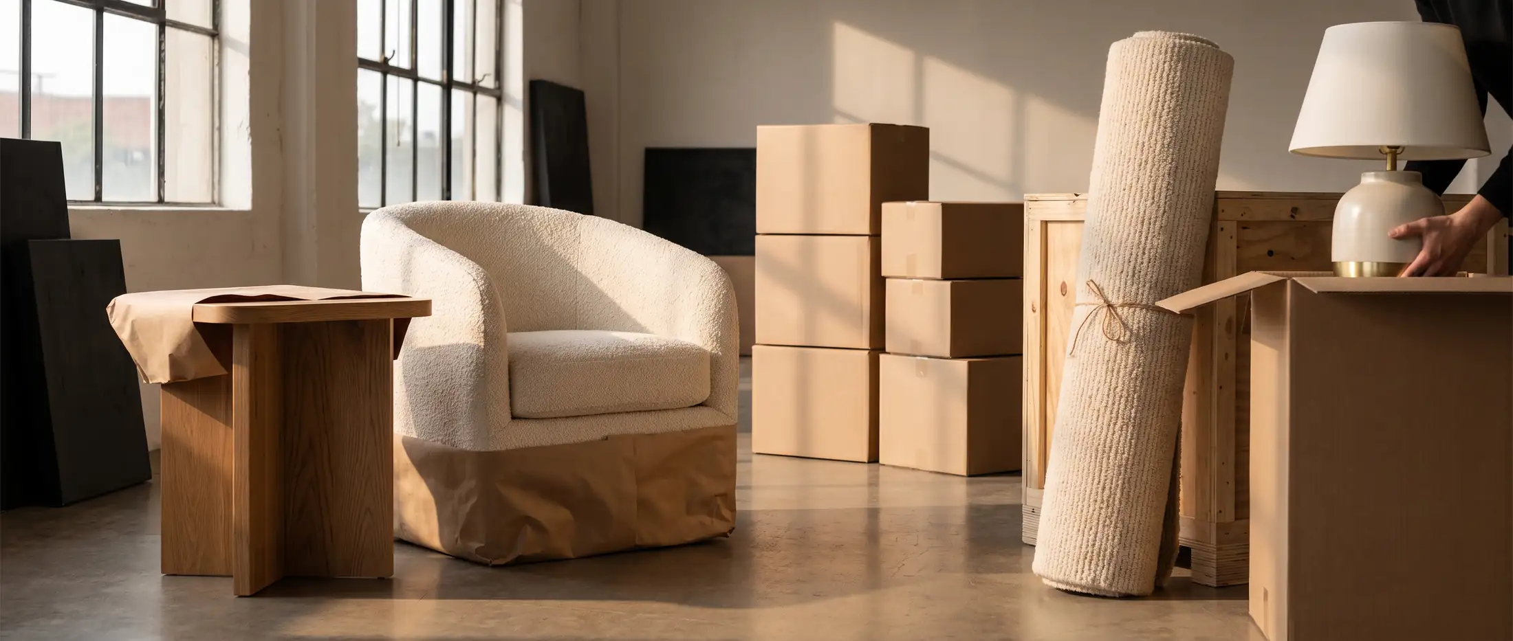 Furniture and decor wrapped and packed for delivery