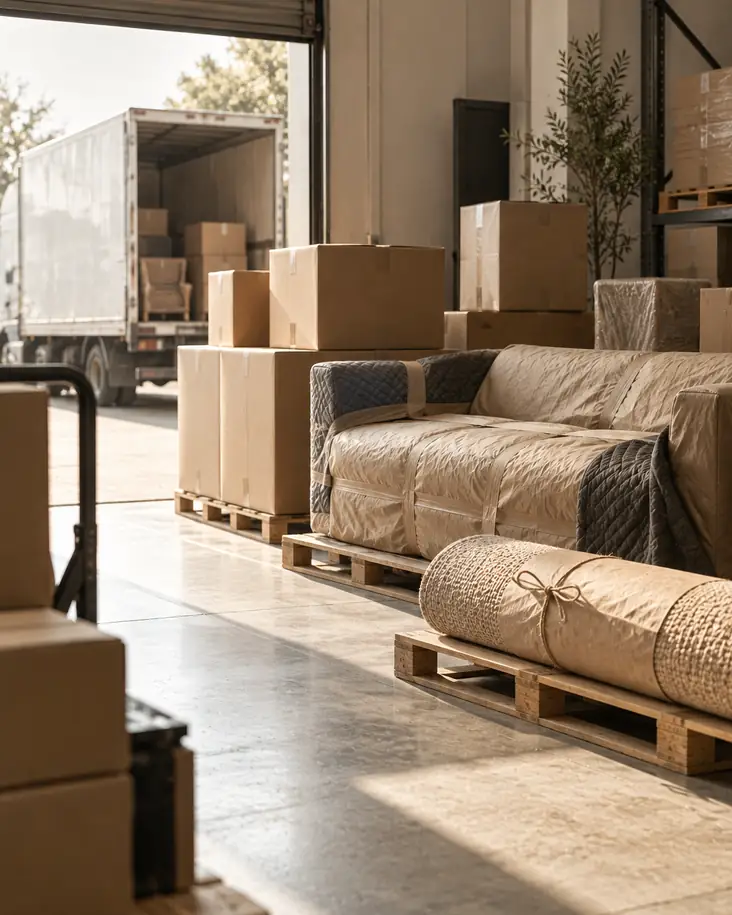 Wrapped sofa and furniture boxes ready for courier dispatch
