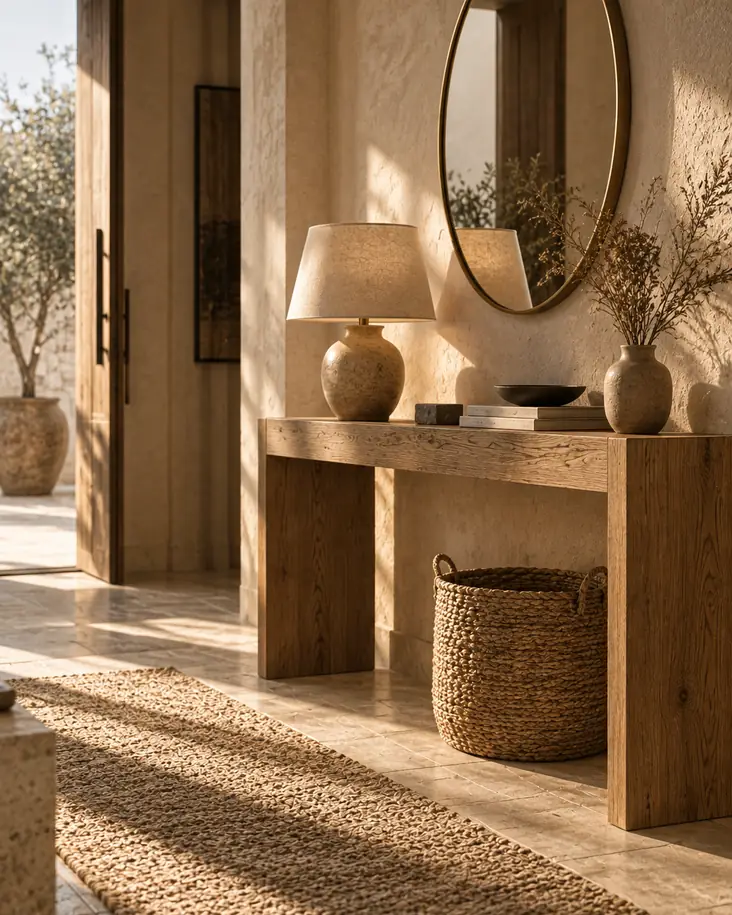 Styled entryway with oak console, brass mirror and ceramic lamp