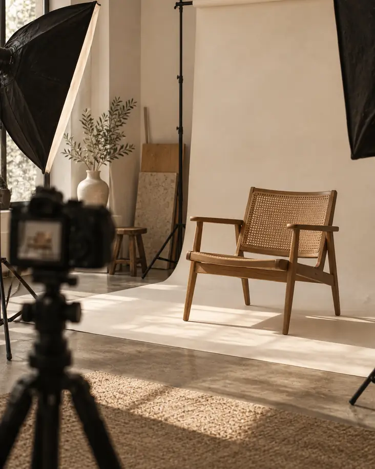 Oak and cane armchair on a studio product shoot