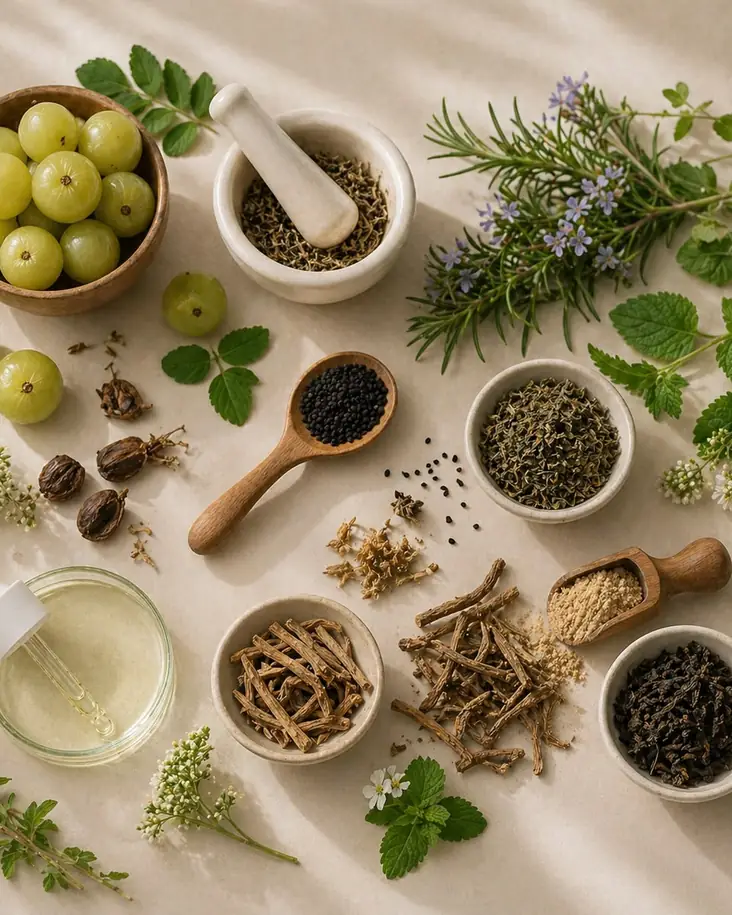 Whole ingredients in ceramic bowls on linen