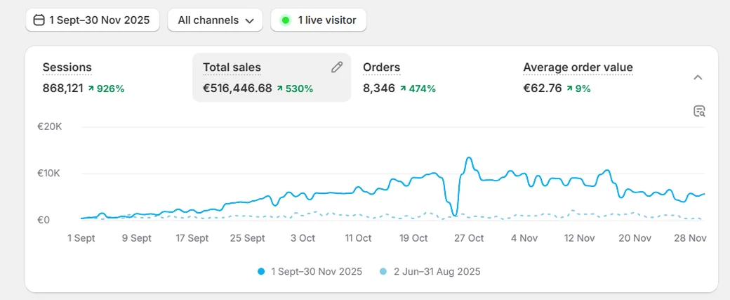 Clothing & apparel analytics: €516,446 total sales, +530%